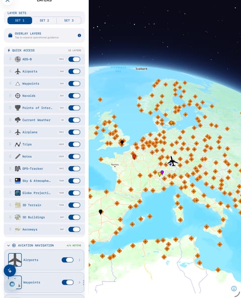 Pilots Atlas on iPad with the chart-type panel open over a topographical chart