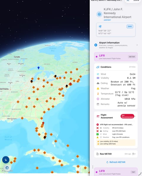Airport detail with live METAR conditions
